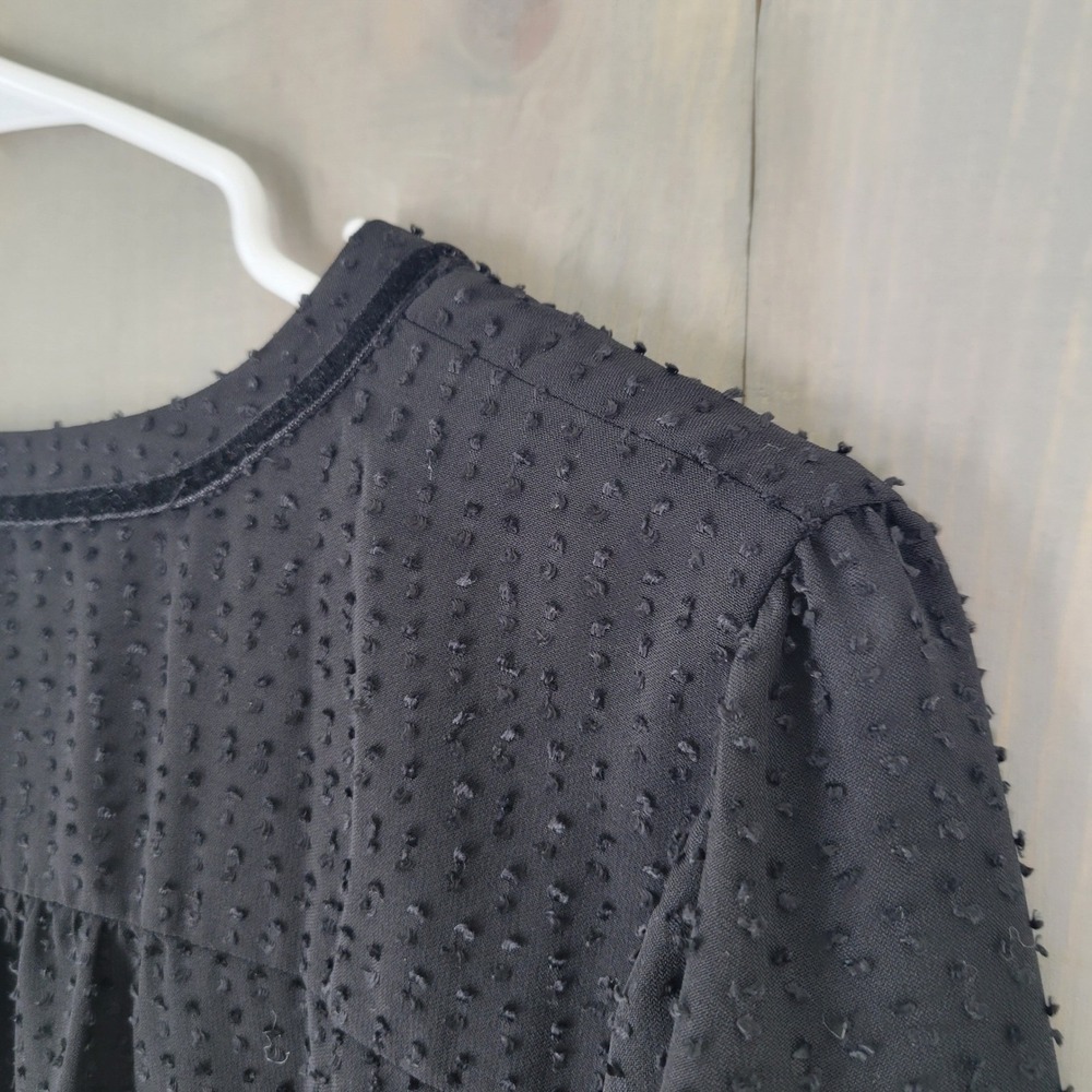 LOFT Blouse Women Large Black Clip Dot Velvet Trim Split Neck Long Sleeve Top - Picture 5 of 8